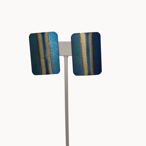 Modernist Metallic Stripe Earrings Blue Gold Geometric Aluminum Art Retro Stmt - Picture 6 of 9